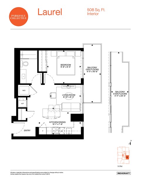 Floor plan for 1 bed, 1 bath, 508 sqft
